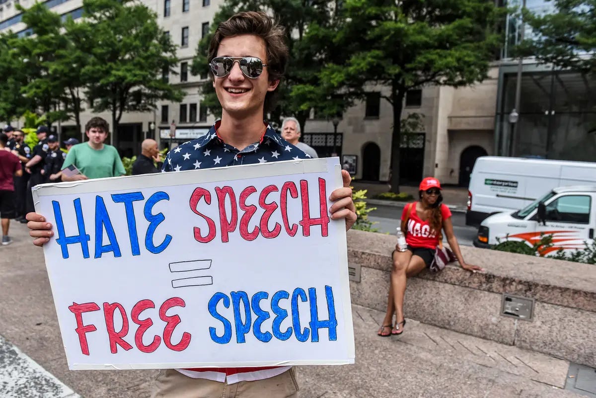 People participate in a "Demand Free Speech" rally at Freedom Plaza in Washington on July 6, 2019. The demonstrators are calling for an end to censorship by social media companies. (Stephanie Keith/Getty Images) People participate in a "Demand Free Speech" rally at Freedom Plaza in Washington on July 6, 2019. The demonstrators are calling for an end to censorship by social media companies. (Stephanie Keith/Getty Images)