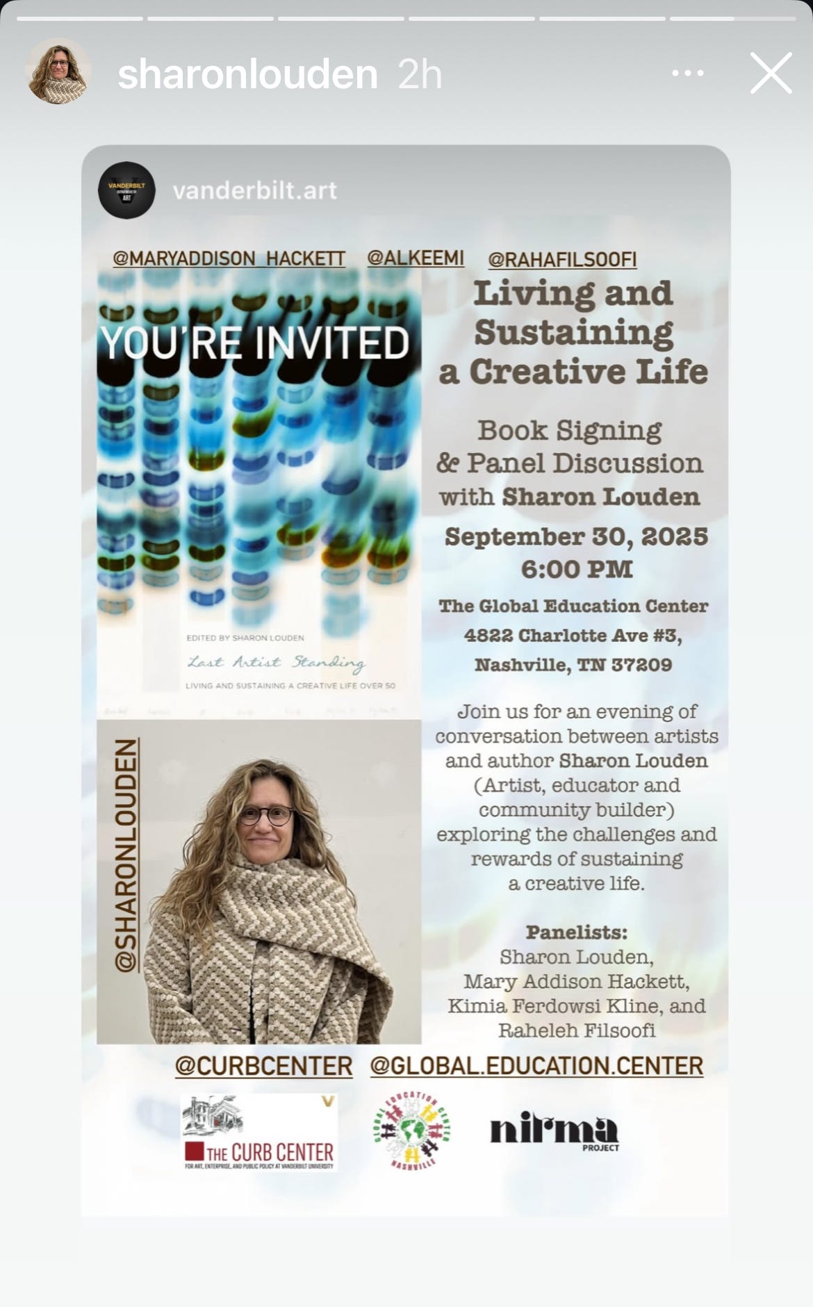 An instagram screen grab of an announcement for a book signing and panel discussion. There is an abstract image in the upper left hand quadrant and a headshot  of a woman with long brown hair. She is wearing a bulky scarf.  The text reads “You're invited!” followed by a press release with the event details.
