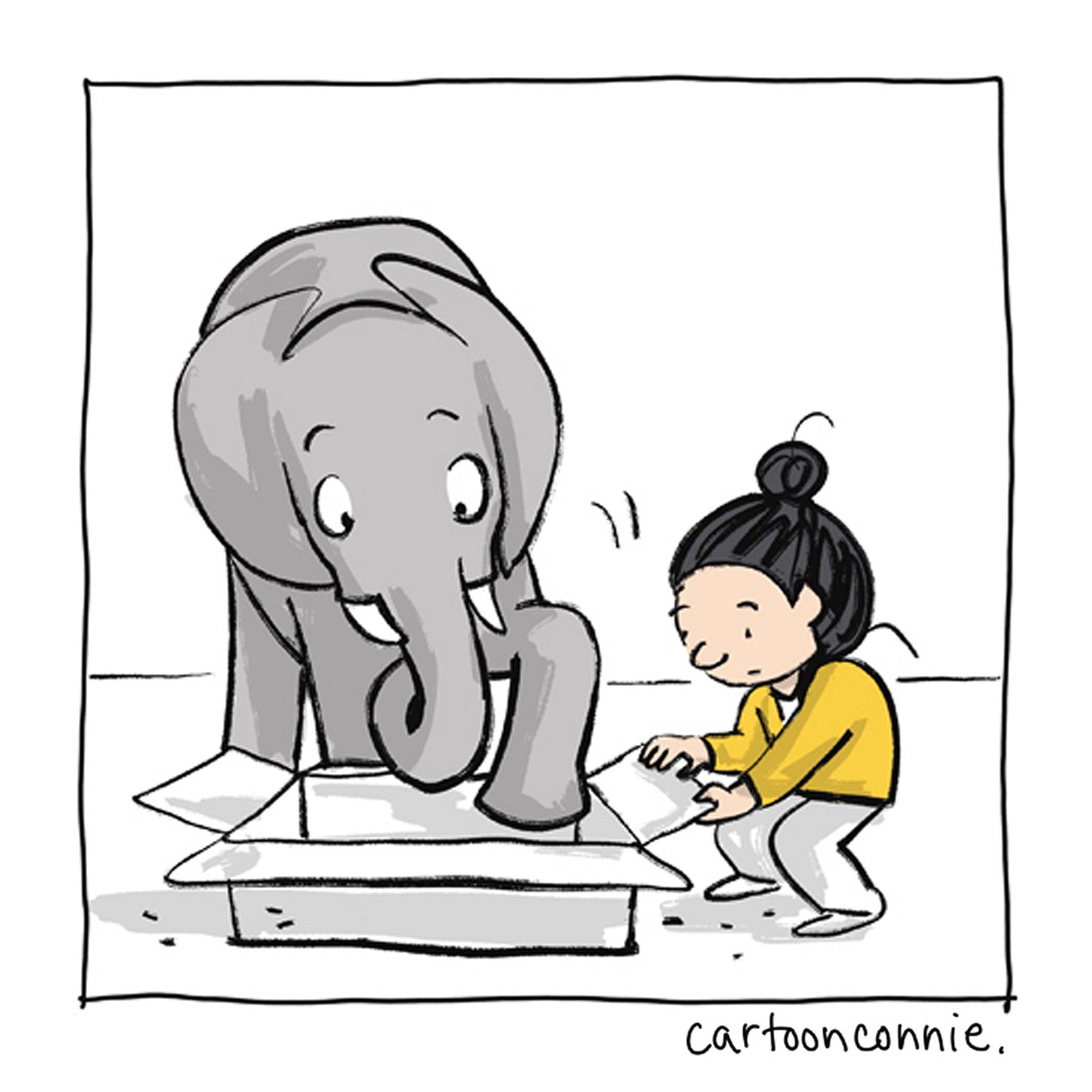 Panel 6 of 12 of a 2-page wordless illustrated comic, titled "Art Can Be A Good Companion," 2026, original artwork by Connie Sun, cartoonconnie. Panel 6 of 12 of a 2-page wordless illustrated comic, titled "Art Can Be A Good Companion," 2026, original artwork by Connie Sun, cartoonconnie.
