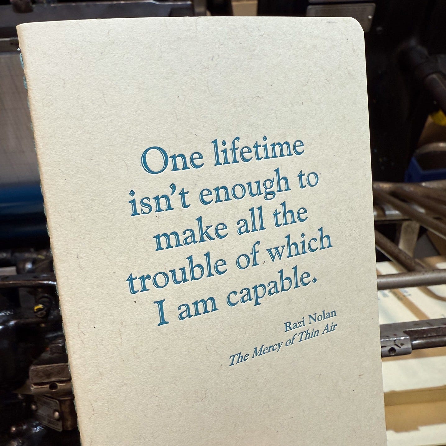 letterpress notebook that reads One lifetime isn't enough to make all the trouble of which I am capable. Razi Nolan from The Mercy of Thin Air 