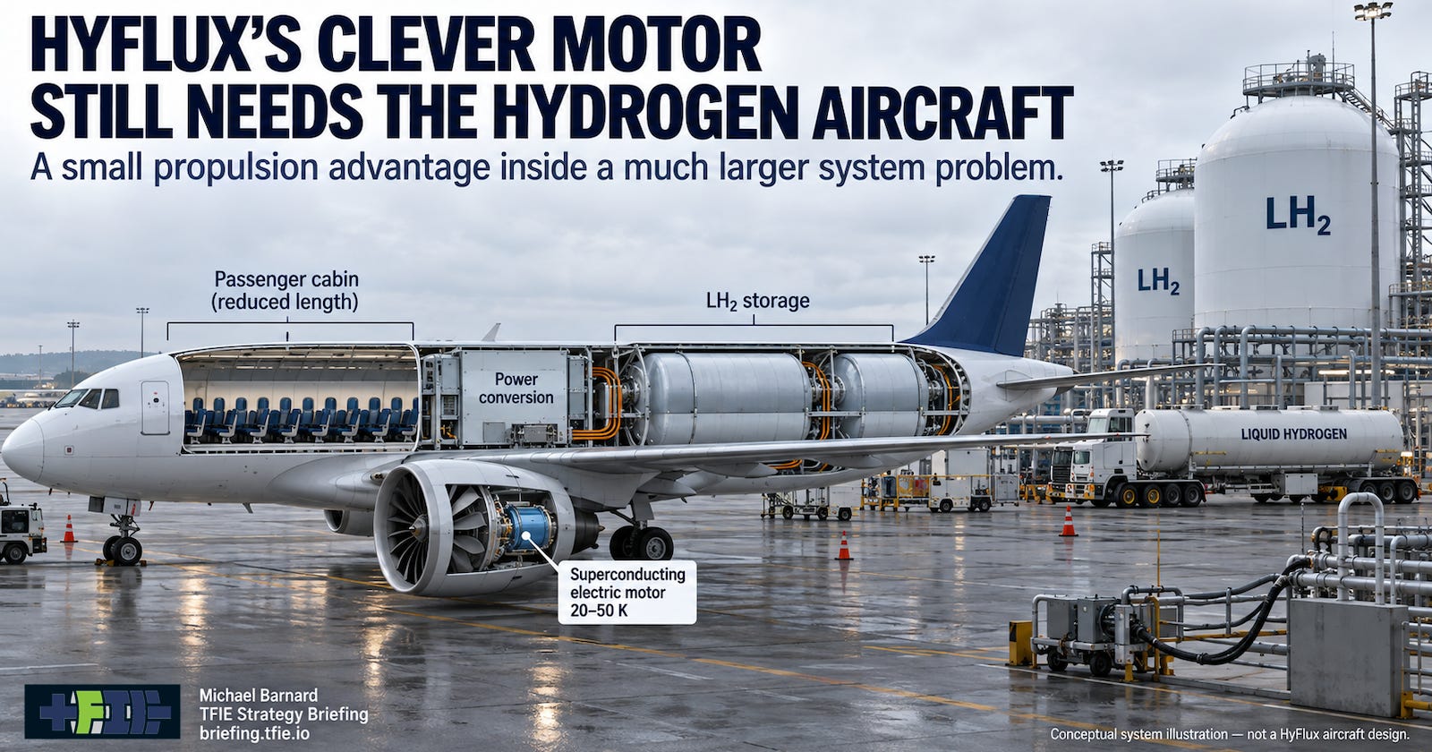 Conceptual hydrogen-electric passenger aircraft with a small superconducting electric motor, consequential aft liquid-hydrogen storage and extensive airport LH₂ infrastructure.