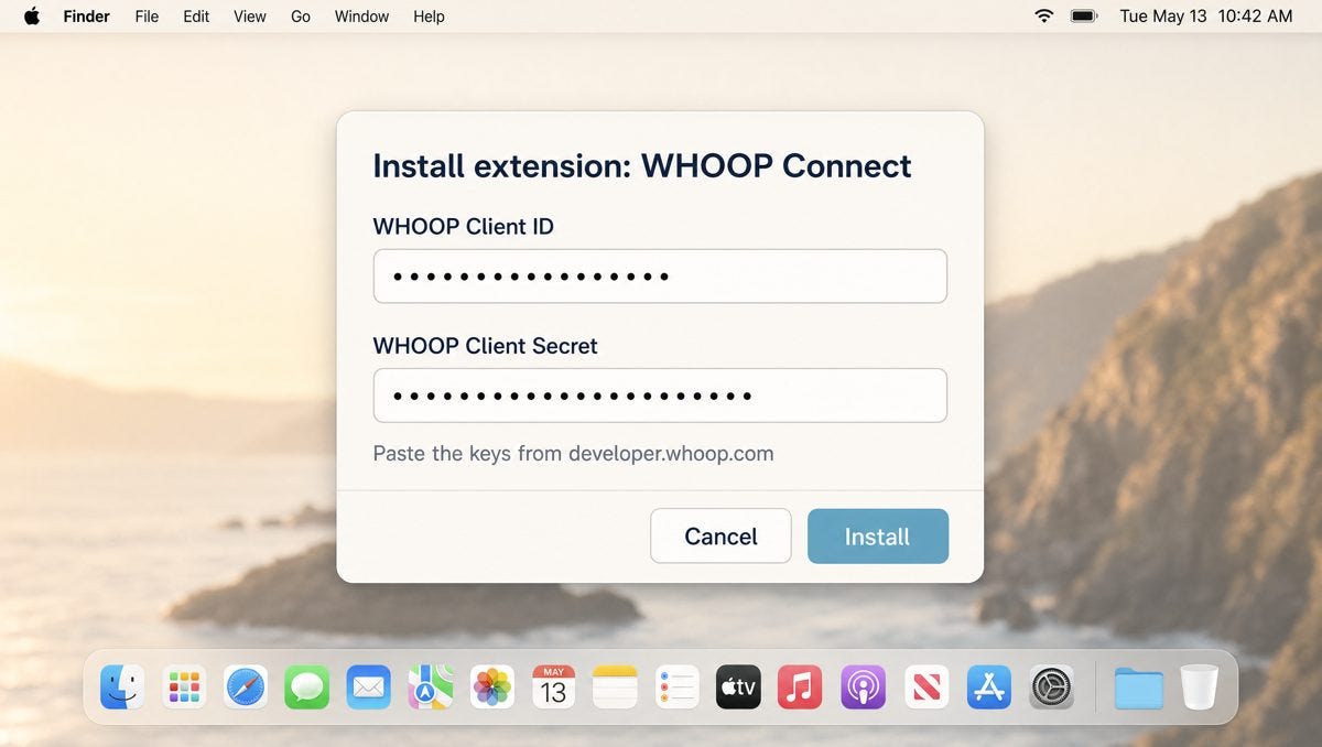 WHOOP Connect install dialog with Client ID and Secret fields