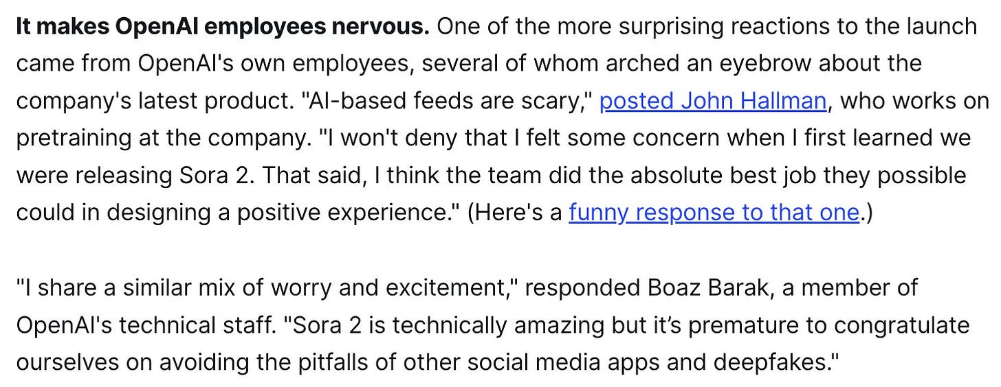 screen shot of platformer article about OpenAI employees response to Sora 2.