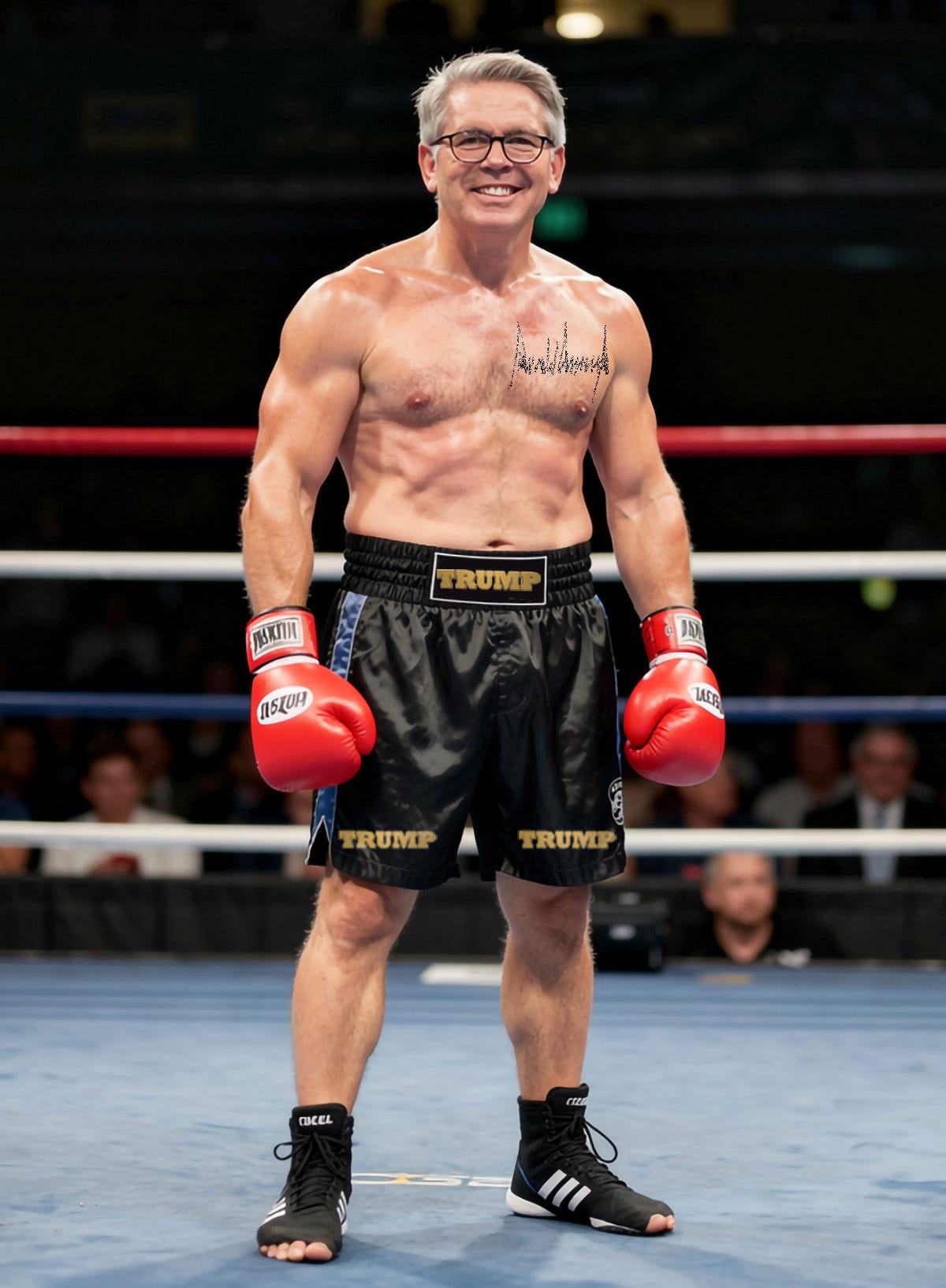 Scott Bessent: Boxer; with Trump emblems all over his boxing shorts and his body Scott Bessent: Boxer; with Trump emblems all over his boxing shorts and his body