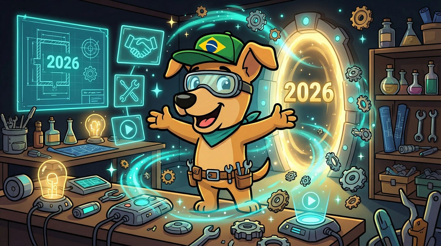 Gringo como inventor empolgado em sua oficina mágica, rodeado de engrenagens flutuantes, telas holográficas mostrando os novos recursos, e um portal brilhante com "2026". Ele usa óculos de inventor e cinto de ferramentas, de braços abertos apresentando suas criações.