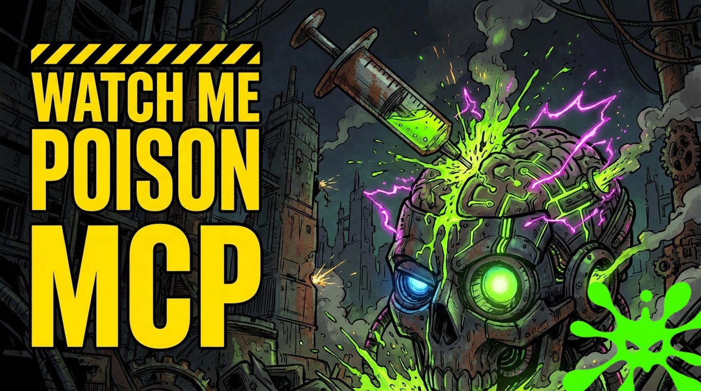 MCP tool poisoning attack chain demonstration showing tool description injection, conversation JSON spoofing, and markdown image exfiltration against AI model context protocol clients