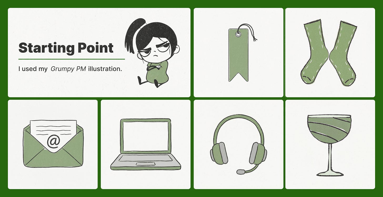 Design starting-point board by Karo Zieminski for Product with Attitude, illustrating how a core character (Grumpy PM) and basic object icons are used as modular inputs for AI-driven illustration and vibecoding workflows. Design starting-point board by Karo Zieminski for Product with Attitude, illustrating how a core character (Grumpy PM) and basic object icons are used as modular inputs for AI-driven illustration and vibecoding workflows.