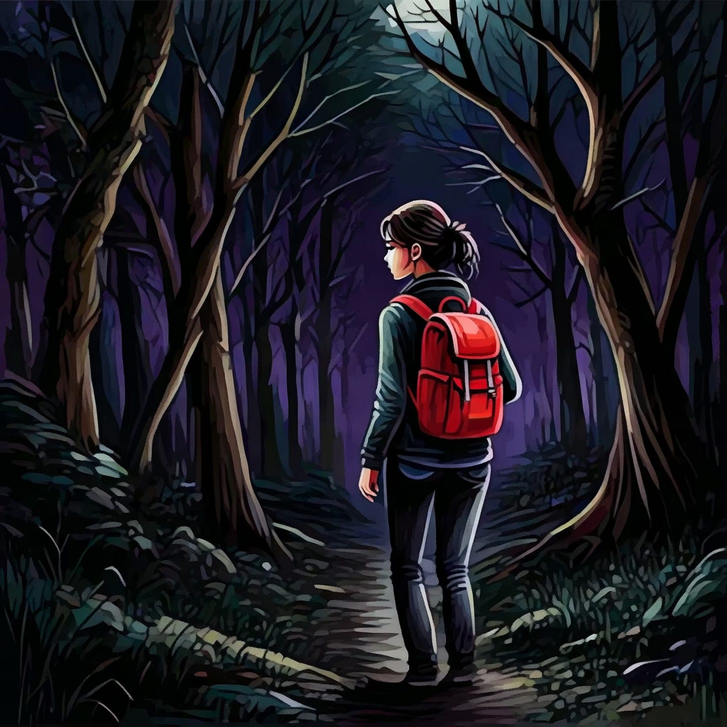A girl with a redbackpack walking into a dark forest A girl with a redbackpack walking into a dark forest