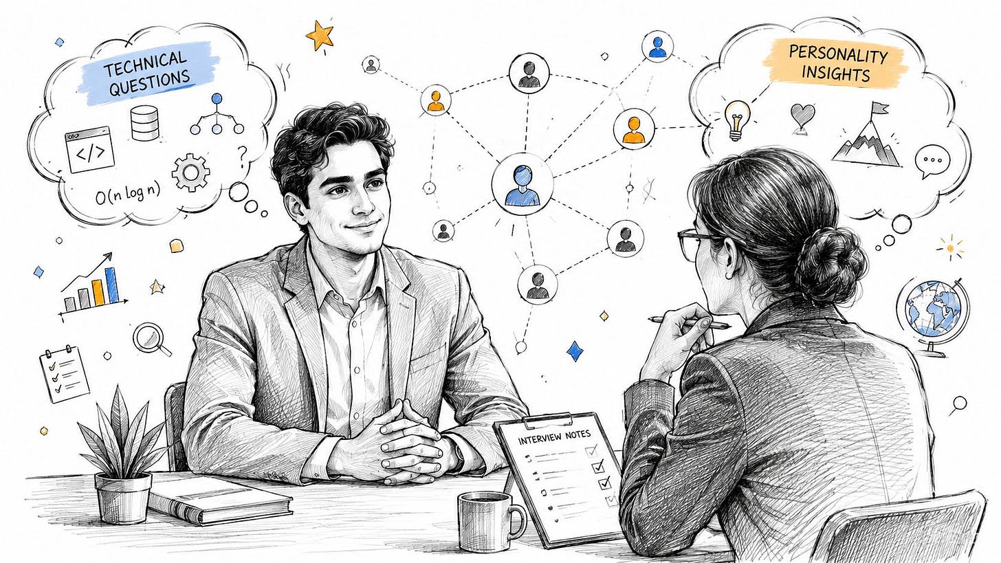 A professional interviewer conducting a job interview with a candidate, highlighting technical skills and personality insights assessment. A professional interviewer conducting a job interview with a candidate, highlighting technical skills and personality insights assessment.