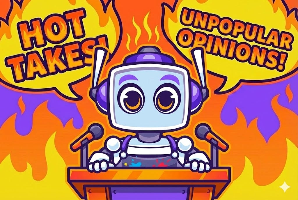 A cartoon robot with a square head and large eyes stands at a podium equipped with two microphones. The background features bright orange flames on a purple backdrop. Two large speech bubbles appear above the robot; the left one reads "HOT TAKES!" and the right one reads "UNPOPULAR OPINIONS!".