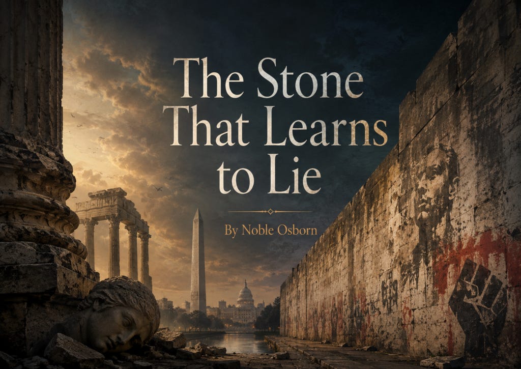 Article cover art for “The Stone That Learns to Lie” by Noble Osborn, showing a moody composite landscape of weathered monuments: broken classical columns and a fallen stone head in the foreground, a long graffiti-marked wall to the right, and an obelisk and domed civic building in the distance beneath a dramatic dusk sky. The image suggests public memory, contested history, fallen power, protest, and the way landmarks change meaning over time.