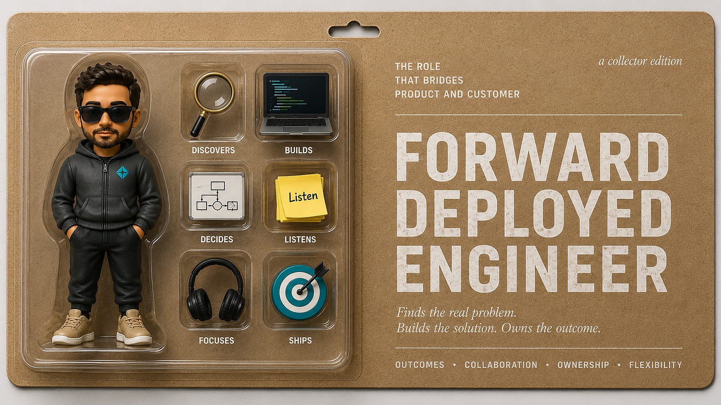 Horizontal blister-pack illustration showing a Forward Deployed Engineer figurine and six labeled tools representing the role's competencies: discovers the real problem, builds the solution, decides what to build, listens to users, focuses, ships outcomes.