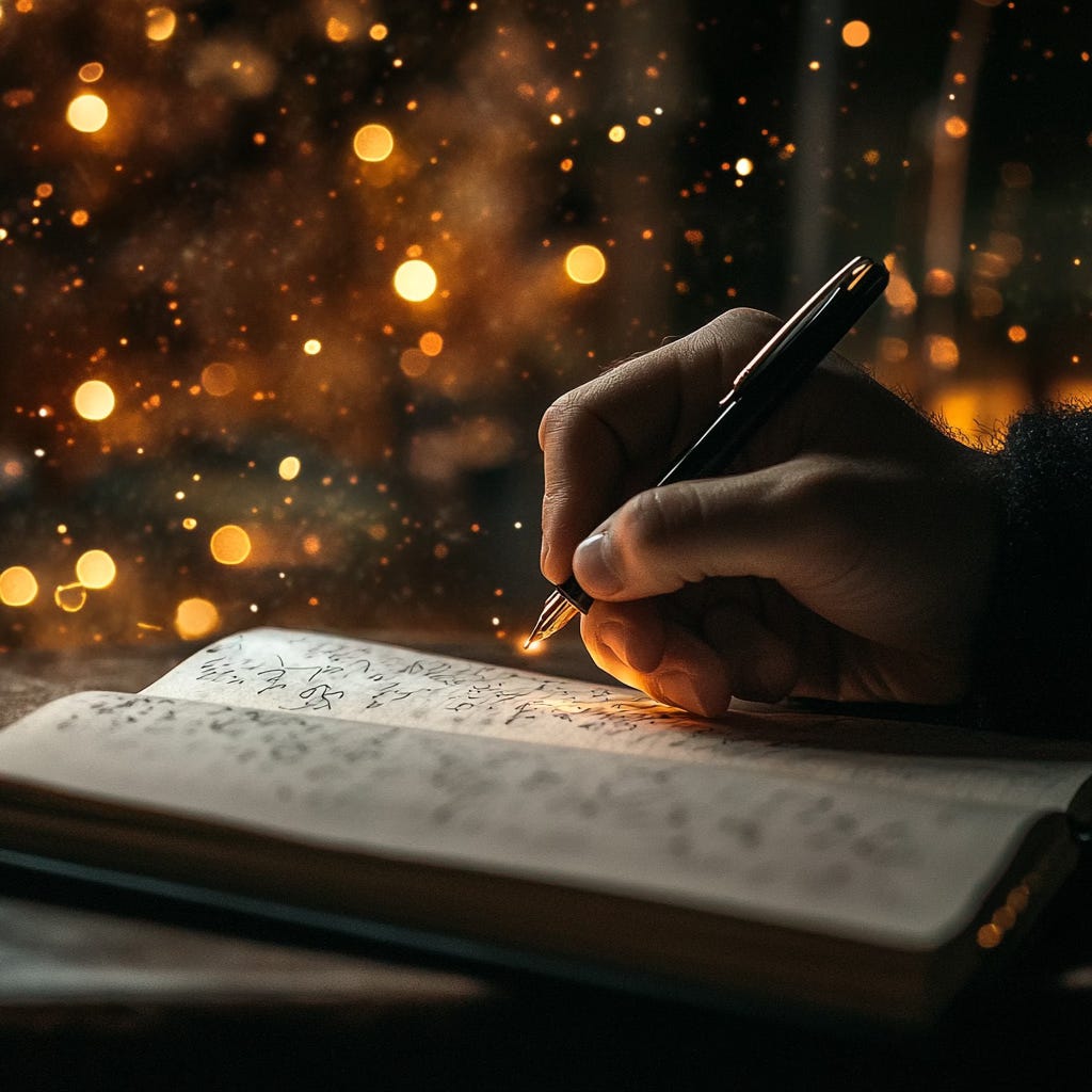 A hand writing in a journal. Warm, sparkling light in the background.
