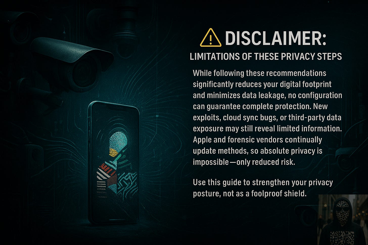 A warning-style disclaimer graphic in blue hues, announcing “LIMITATIONS OF THESE PRIVACY STEPS.” Surveillance cameras and a smartphone with fingerprint authentication are visible. The text notes that while these privacy apps and steps reduce digital risk, no configuration can guarantee complete protection due to exploits, cloud sync bugs, and vendor updates. The message encourages using privacy measures for reduced risk, not total immunity.