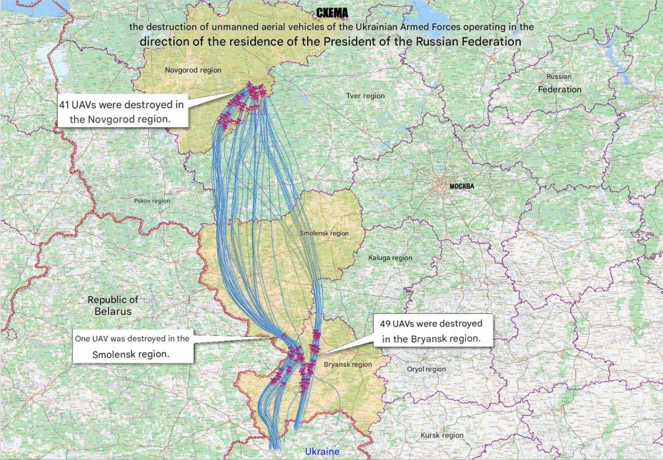  The purported flight path of Ukrainian drones used in the claimed attack on Putin’s Valdai residence on Dec. 28-29. (Automatic Google translation). Russian Defense Ministry 