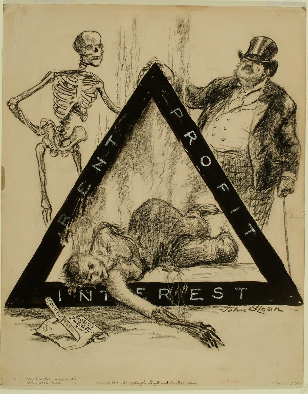 A political cartoon critiquing the forces that stopped or stalled workplace  safety laws, making the Triangle Shirtwaist Fire possible. Image Courtesy  of the Delaware Museum of Art - Clara Barton Museum -