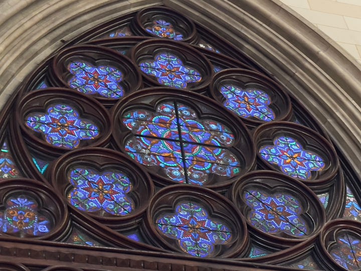 Photographs of Humboldt Bay and stained glass at St. Patrick's Cathedral