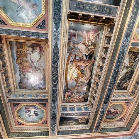 Three photos showing Renaissance murals on the walls and ceiling of rooms in the Palazzo Vecchio in Florence.