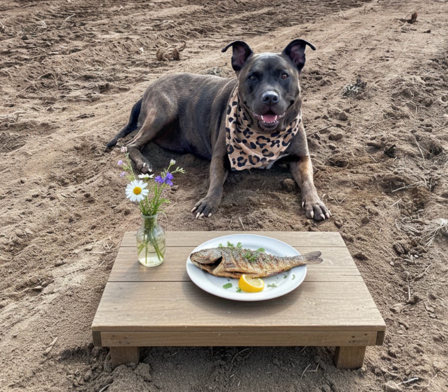 Dog lying on sandy ground behind a small wooden table with a plate of fish and lemon and a small glass vase holding wildflowers.