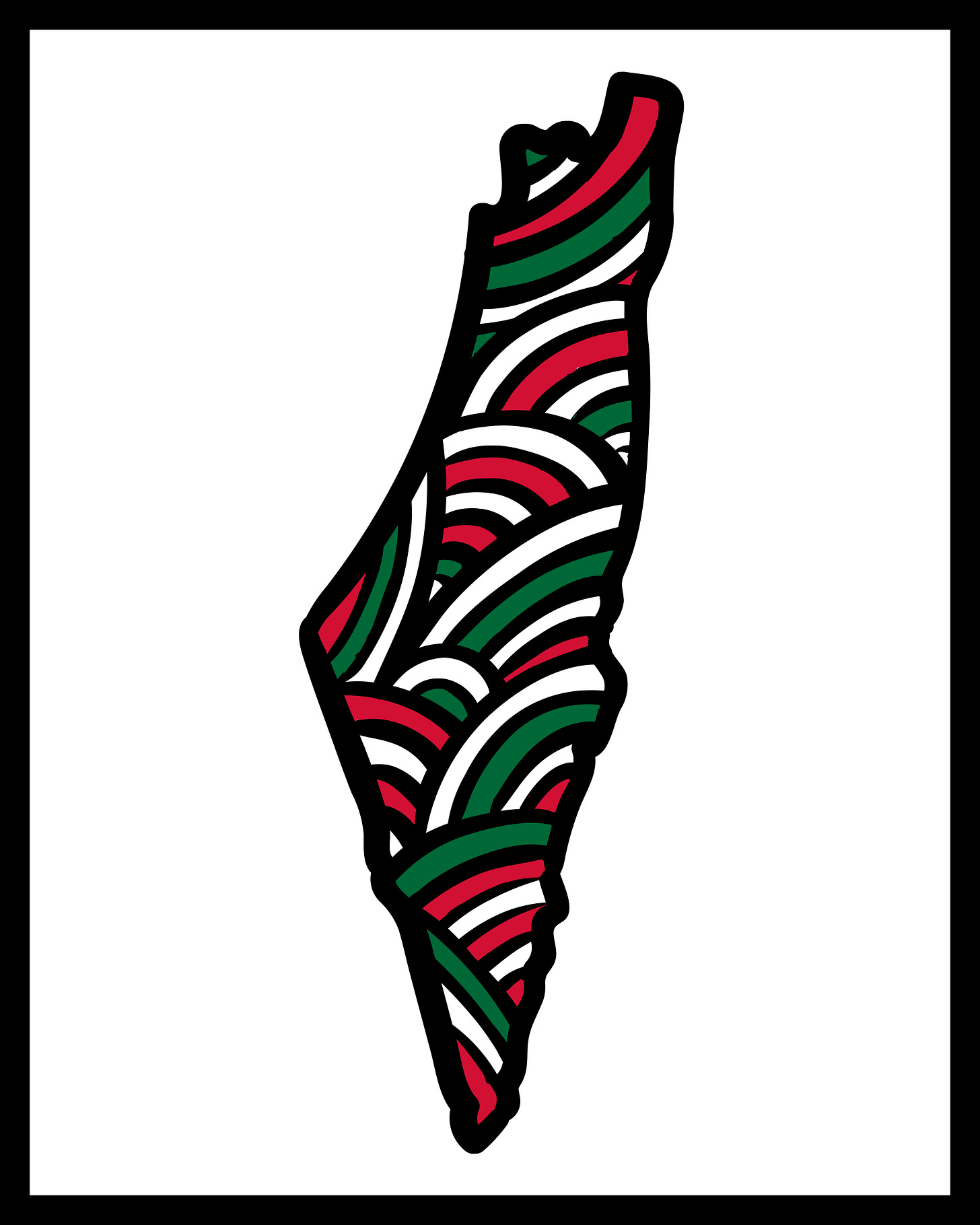 Black outline of the state of Israel-Palestine filled in with green, red, white, and black stripes. Black outline of the state of Israel-Palestine filled in with green, red, white, and black stripes.