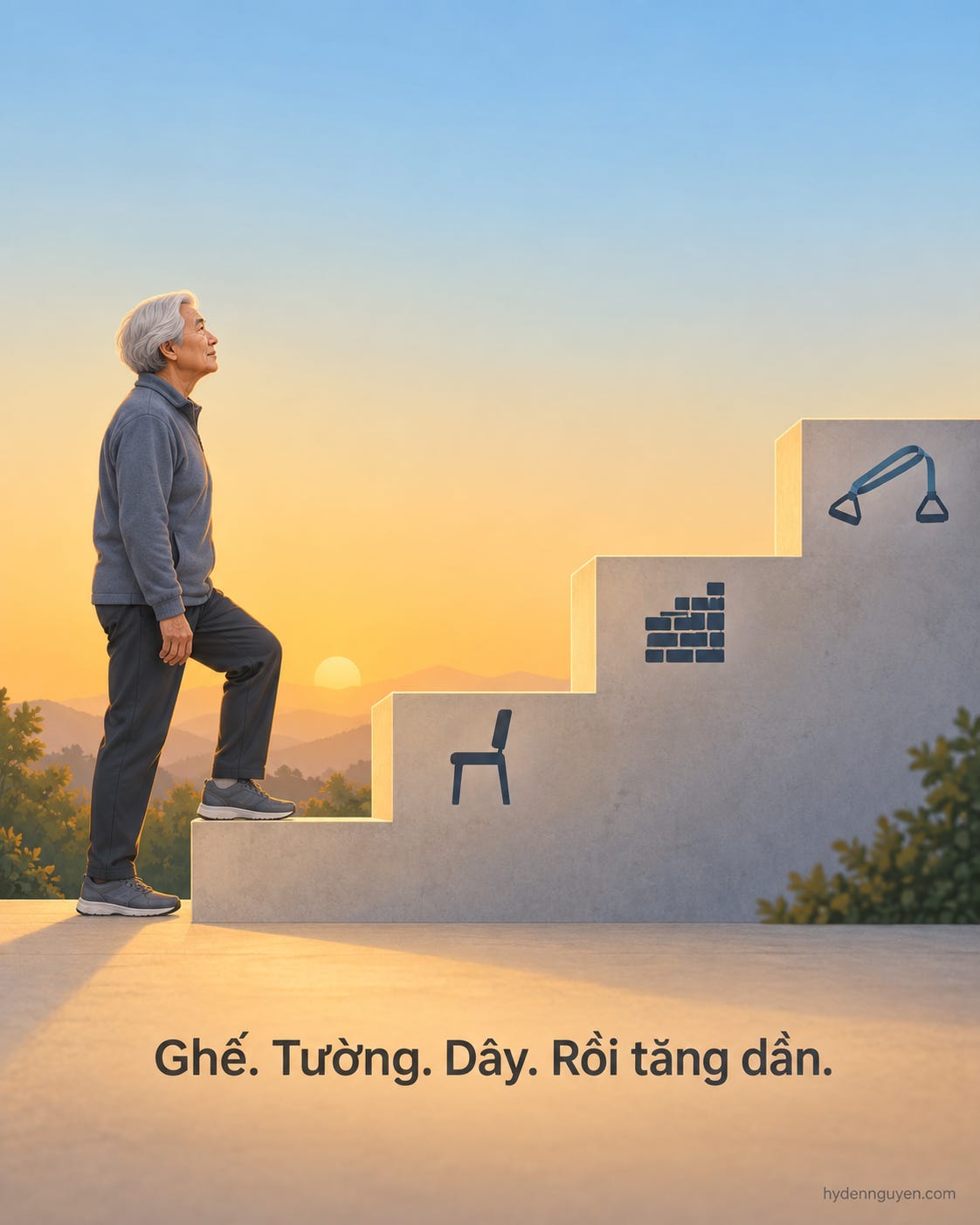 Minh hoạ cầu thang với người lớn tuổi đứng ở bậc dưới cùng, ba bậc mang biểu tượng ghế, tường và dây đàn hồi; dòng chữ trong ảnh là “Ghế. Tường. Dây. Rồi tăng dần.