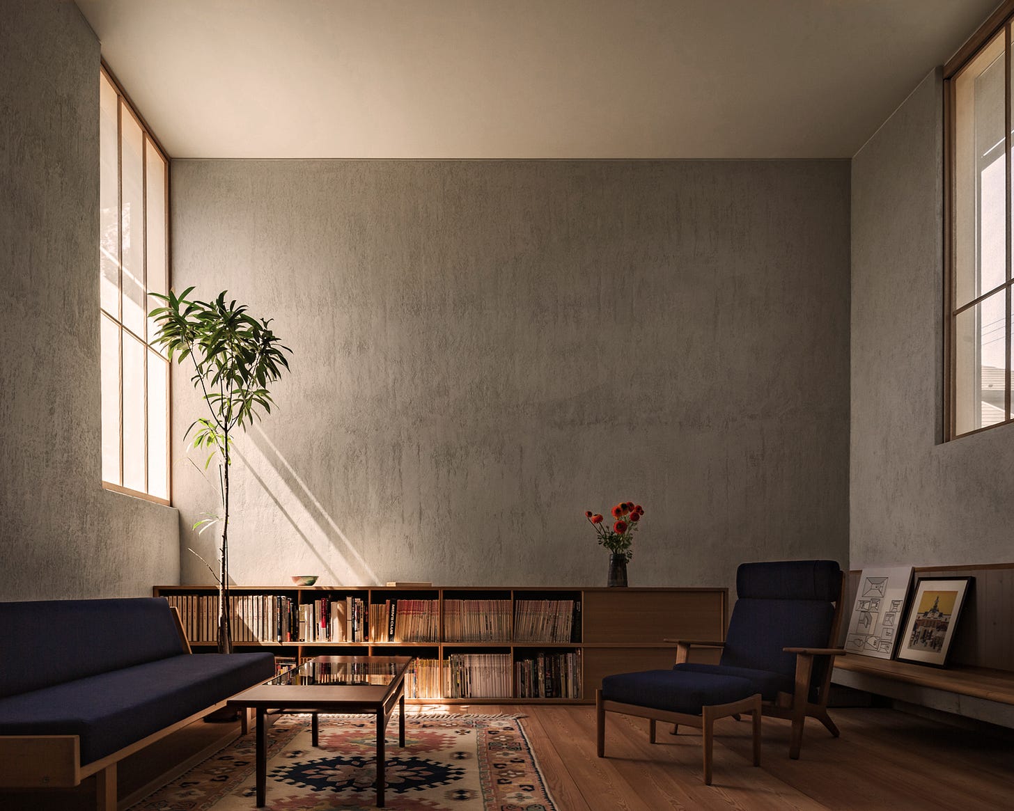 A sparse concrete room with a high ceiling and two windows facing each other. Warm daylight pools from the left window, leaving rays against the wall, falling onto a tall small tree, a low wooden cabinet that spans the entire width of the wall, and a single dark vase with red flowers. In the foreground, a wide blue sofa on a Turkish-style patterned rug, behind a small rectangular coffee table. A blue chaise chair in similar style sits opposite the couch and table. The floor is rich wood panelling. A sparse concrete room with a high ceiling and two windows facing each other. Warm daylight pools from the left window, leaving rays against the wall, falling onto a tall small tree, a low wooden cabinet that spans the entire width of the wall, and a single dark vase with red flowers. In the foreground, a wide blue sofa on a Turkish-style patterned rug, behind a small rectangular coffee table. A blue chaise chair in similar style sits opposite the couch and table. The floor is rich wood panelling.