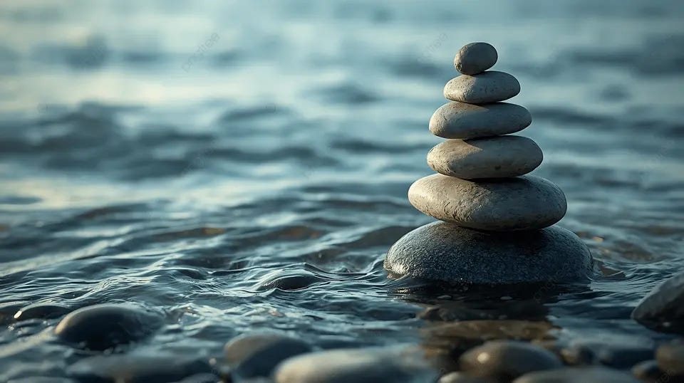 A photo of a calm river with stones stacked on each other.