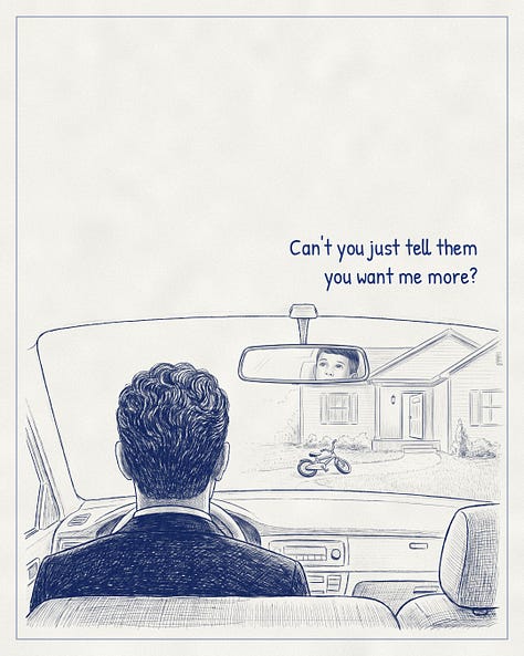 Blue-ink illustration. Father and son keep talking on the drive; the boy asks when he sleeps at Dad's.