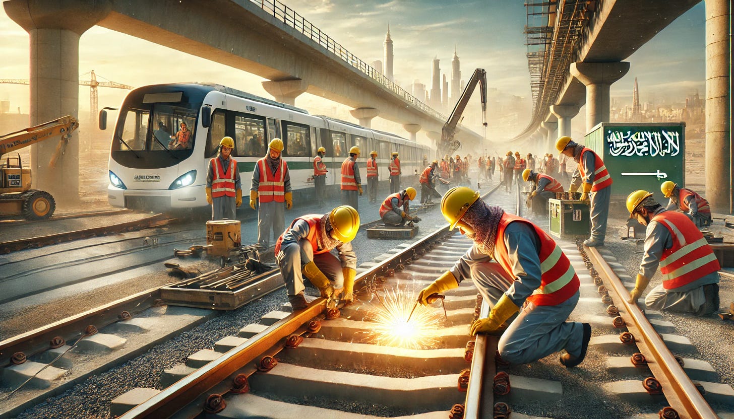 A wide aspect ratio image showing a close-up view of Chinese workers building a metro rail system in Saudi Arabia. The scene should be realistic, with workers in safety gear, including helmets and vests, actively engaged in construction activities such as welding, laying tracks, and operating machinery. The environment should reflect the Saudi Arabian setting, with desert landscape elements or urban infrastructure visible in the background. The overall atmosphere should convey the international collaboration and technological development involved in the project.