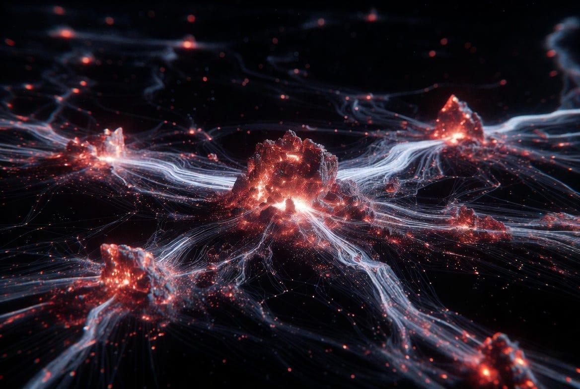 A glowing network of interconnected nodes in dark space, with five pulsing red and orange nodes connected by bright white data streams, representing multiple layered vulnerabilities in a blockchain system. A glowing network of interconnected nodes in dark space, with five pulsing red and orange nodes connected by bright white data streams, representing multiple layered vulnerabilities in a blockchain system.