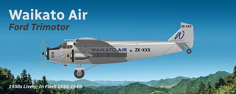 A selection of aircraft types that were formerly operated as part of the NZ Express fleet and/or its predecessor carriers: (1) Ford Trimotor, (2) Douglas DC-3, (3) Fokker F27 Friendship, (4) Hawker Siddeley HS 748, (5) British Aerospace BAe 146, (6) Fokker F28 Fellowship, (7) McDonnell Douglas DC-9-10, (8) de Havilland DHC-3 Otter, and (9) Pilatus PC-12 - all seen in side view in their respective liveries while in midflight.