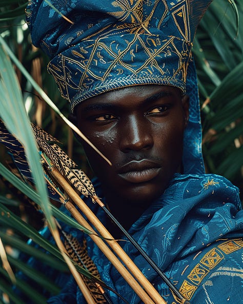 Handsome Muscular Yoruba in Blue regal robes with arrows Stalking in jungle during golden hour, editorial photography