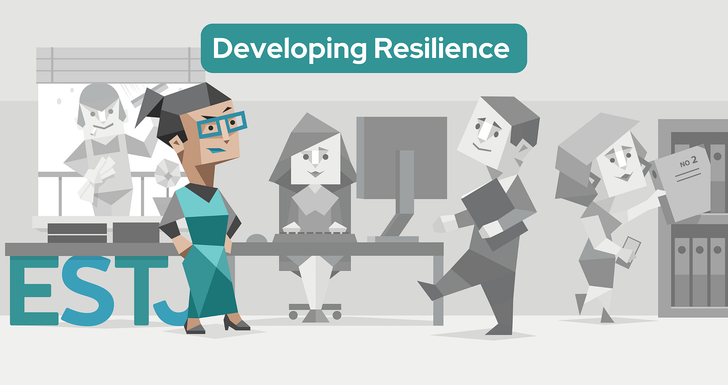 An ESTJ woman stands confidently in an office, emanating a sense of leadership. She wears blue glasses and a blue dress. Behind her, a team of diverse people are engaged in various tasks: a woman types at a computer, a man walks with a file, and another woman reaches for a binder. A final man is outside washing the window. The letters “ESTJ” are prominently displayed to the left.