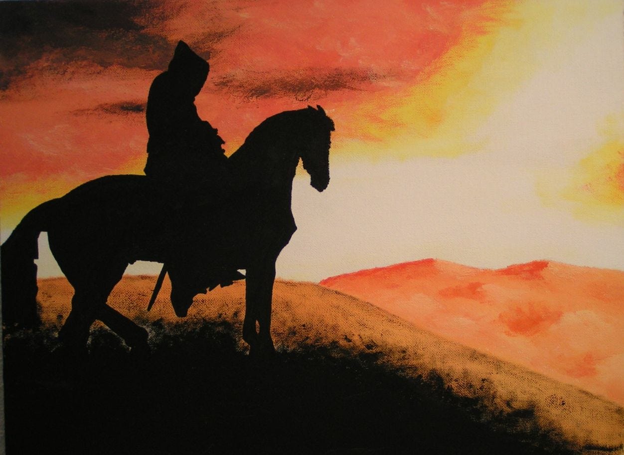 A hooded figure on a horse, seen in sihlouette, looking out over an orange toned landscape