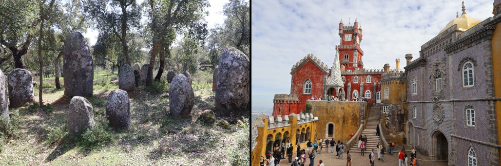Two photos: stone circle, and Disneyesque castle 