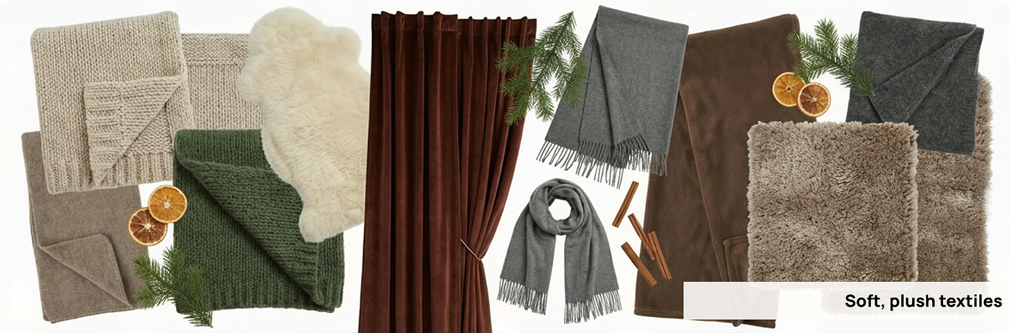 A curated layout of cosy winter textiles, assembled by Karo (Product With Attitude) as visual examples in the Nano Banana prompt system. The image displays a variety of soft, plush materials arranged aesthetically: knitted blankets, fleece throws, a faux-sheepskin rug, wool scarves, thick velvet curtains, and fuzzy cushion covers.  The textiles are presented in earthy, hygge-inspired tones — oatmeal, moss green, deep brown, soft grey — paired with natural holiday elements like evergreen sprigs, cinnamon sticks, and dried orange slices. The composition highlights the tactile qualities of each texture: chunky knit loops, velvety drape, dense fleece, brushed wool, and high-pile plush fabric.  Overall, the image represents a “psychological safety palette” used in Karo’s cosy design framework: materials associated with warmth, softness, comfort, and Nordic winter aesthetics. It supports themes of tactile design, hygge textures, Christmas visual cues, natural fibres, cosy materials, and AI-assisted aesthetic guidance.