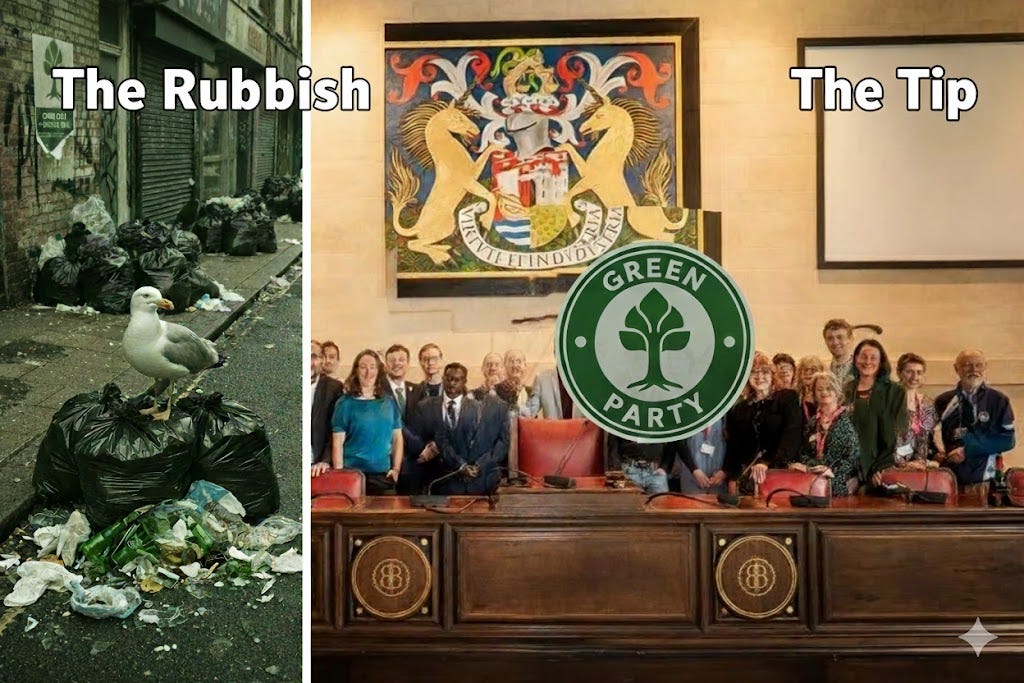 Split image comparing Green Party governance: left side shows seagull on piles of uncollected black rubbish bags on street labelled 'The Rubbish'; right side shows Green Party councillors in Bristol City Council chamber beneath civic crest labelled 'The Tip Split image comparing Green Party governance: left side shows seagull on piles of uncollected black rubbish bags on street labelled 'The Rubbish'; right side shows Green Party councillors in Bristol City Council chamber beneath civic crest labelled 'The Tip