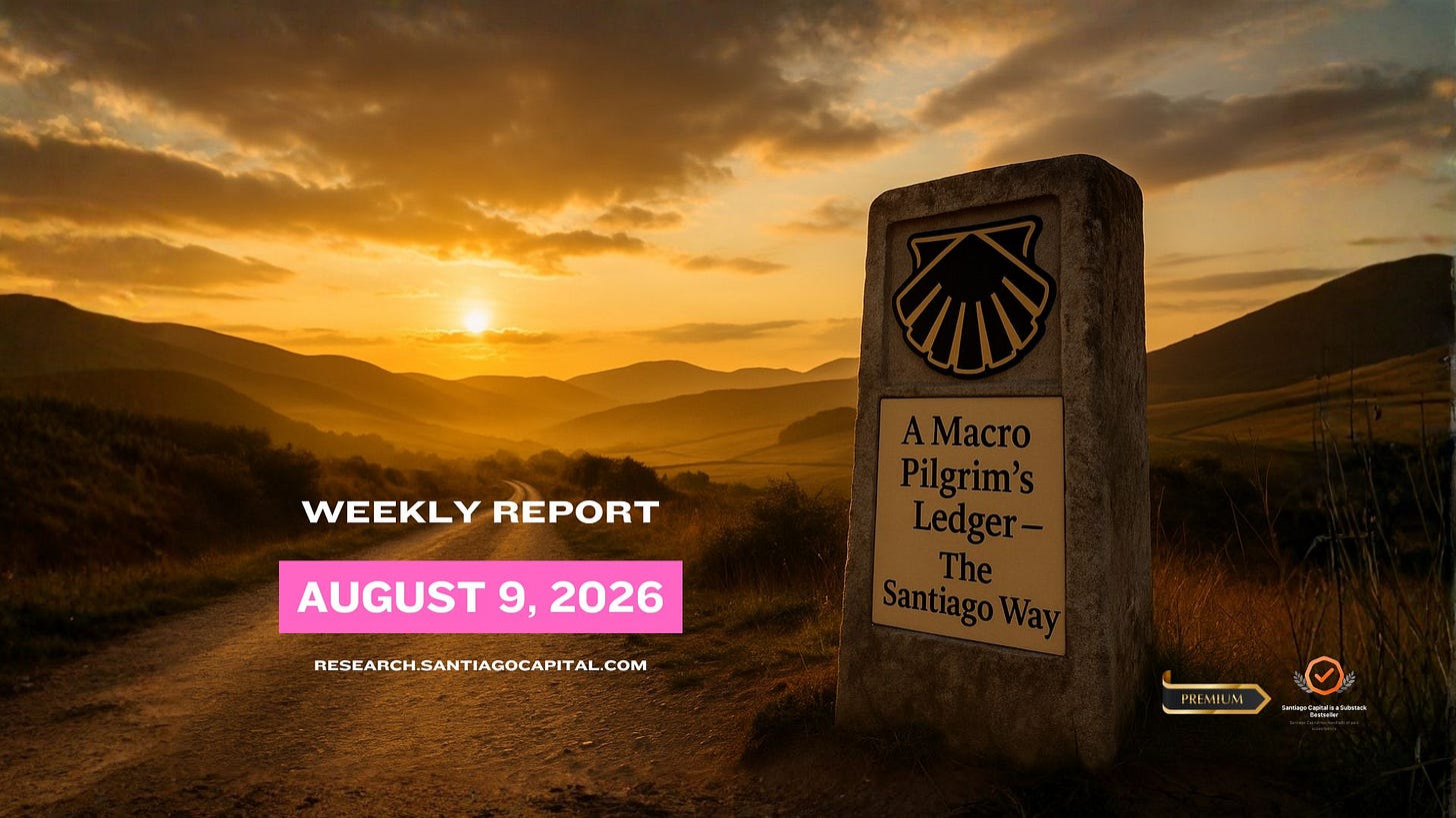 Santiago Capital weekly macro report cover August 9 2026 Camino de Santiago waymarker sunset