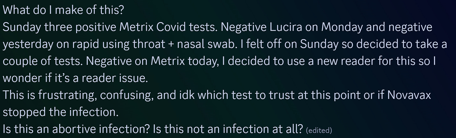 Screenshot of OFABT (Organizing for a Better Tomorrow) Discord chat dated January 22nd, 2025. Text says: "What do I make of this? Sunday three positive Metrix Covid tests. Negative Lucira on Monday and negative yesterday on rapid using throat + nasal swab. I felt off on Sunday so decided to take a couple of tests. Negative on Metrix today, I decided to use a new reader for this so I wonder if it's a reader issue. This is frustrating, confusing, and idk which test to trust at this point or if Novavax stopped the infection. Is this an abortive infection? Is this not an infection at all?"