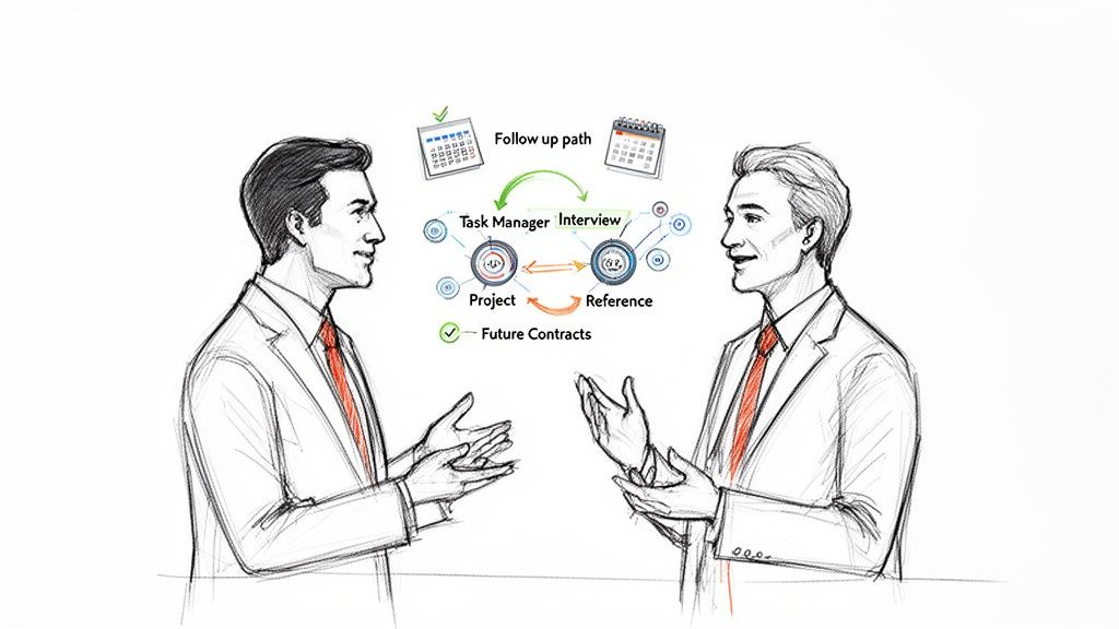 Two businessmen discussing a business project lifecycle with task management, interviews, and future contracts. Two businessmen discussing a business project lifecycle with task management, interviews, and future contracts.