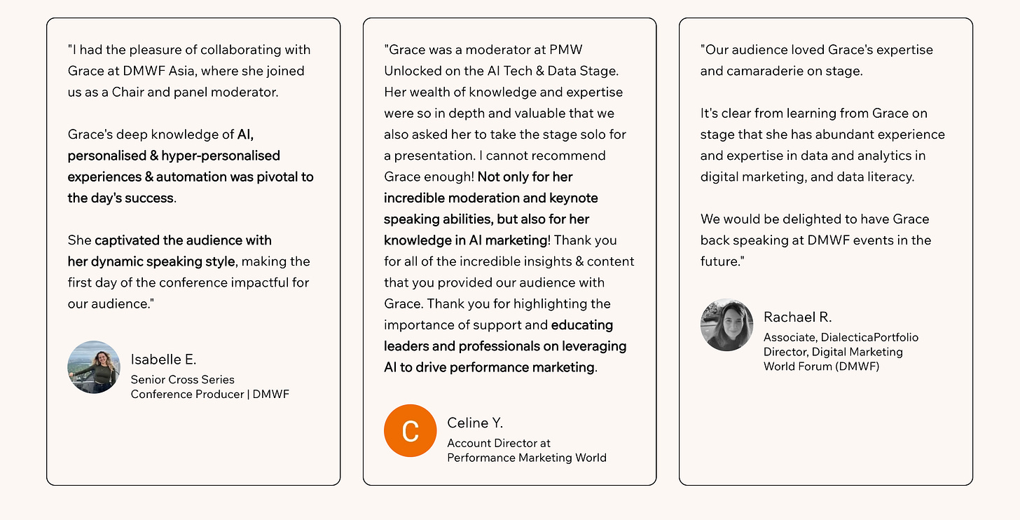 testimonails of Grace Man AI Strategy League speaking at DWMF Digital Marketing World Forum and PMW Unlocked 