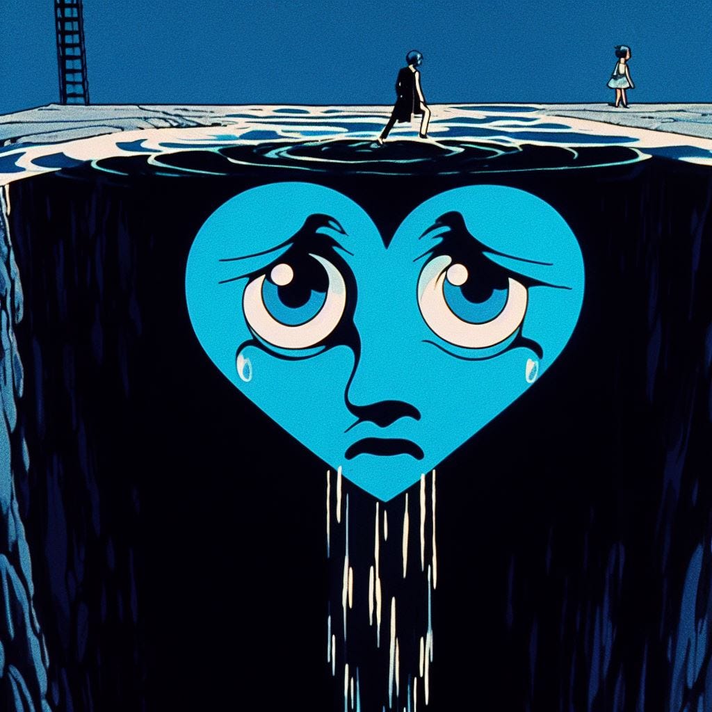 a still from a chic french-japanese cartoon from 1971 of an inverted upside-down neptune blue heart with a face and the saddest ocean blue eyes you've ever seen in a state of dissociated alienation in the style of the commes des garcons play logo hovering above an abyss