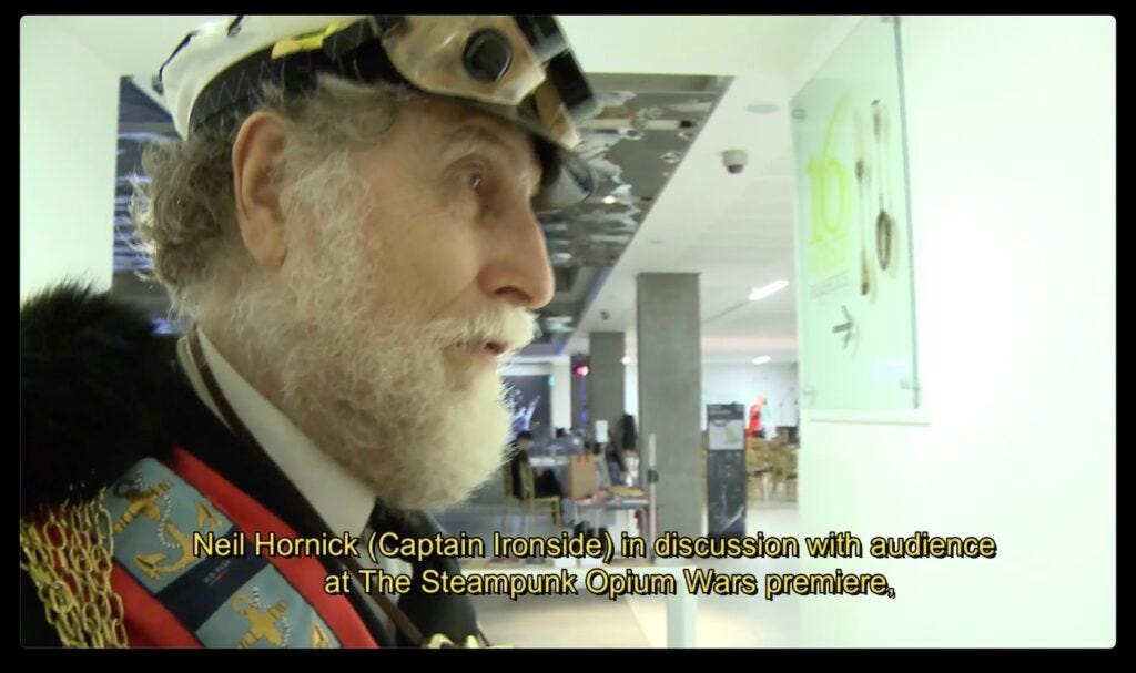 Neil Hornick as Captain Ironside in a post-show discussion at The Steampunk Opium Wars premiere at the Royal National Maritime Museum in Greenwich, 16 February 2012.