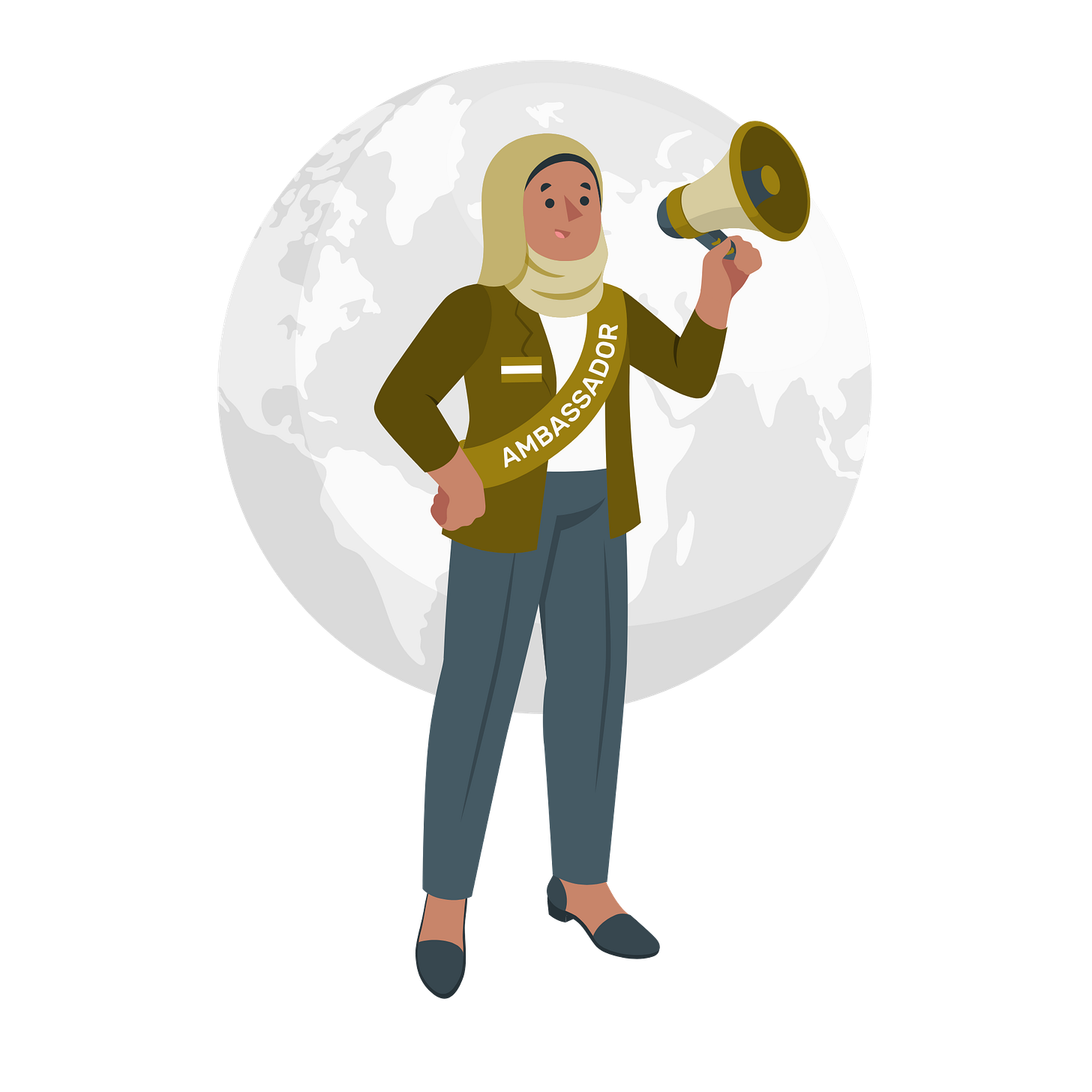 vector illustration, woman wearing hijab and ambassador sash speaking over bullhorn