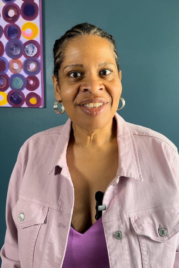 Two pictures of a woman wearing different denim jackets. One is blue denim and one is light purple denim.