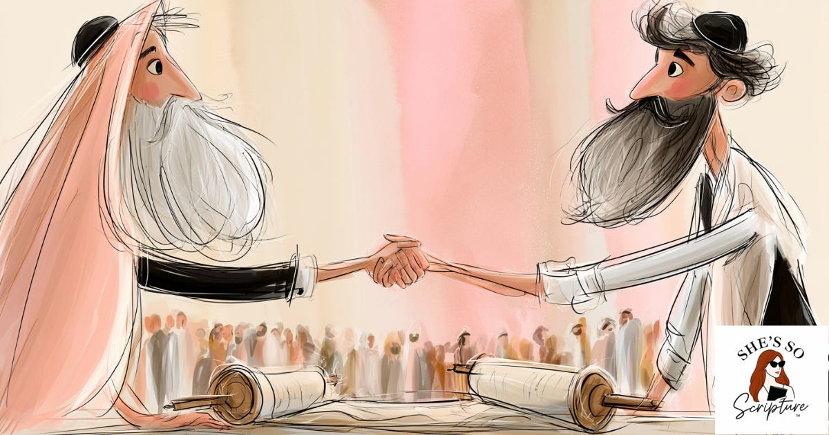 Illustration of two figures clasping hands in agreement over an open scroll, with a small gathering looking on, in a blush pink and cream watercolor style.