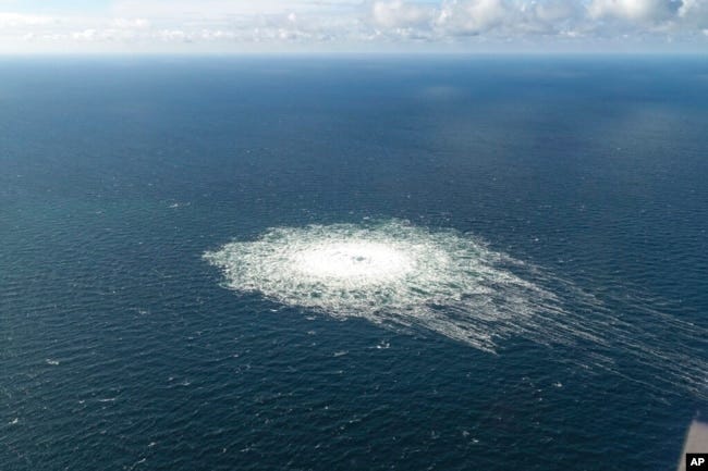 A large disturbance in the sea can be observed off the coast of the Danish island of Bornholm, Sept. 27, 2022, following a series of unusual leaks on two natural gas pipelines running from Russia under the Baltic Sea to Germany have triggered concerns about possible sabotage. A large disturbance in the sea can be observed off the coast of the Danish island of Bornholm, Sept. 27, 2022, following a series of unusual leaks on two natural gas pipelines running from Russia under the Baltic Sea to Germany have triggered concerns about possible sabotage.