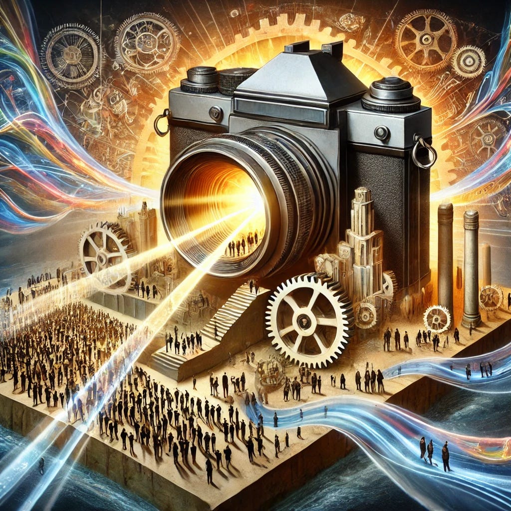A conceptual art piece illustrating the analogy 'like cameras capture light and make photos, governments capture the people's will and drive action.' The image depicts a monumental camera-like structure at the center, with radiant beams of light symbolizing the people's collective will flowing into its lens. Inside the camera, gears and mechanisms transform the light into vivid, detailed scenes of infrastructure, governance, and societal progress emerging from the back of the camera as a flowing tapestry. Surrounding the camera, a diverse crowd of people, depicted as glowing silhouettes, contribute their energy to the light beams. The background shows a blend of organic elements (representing people) and organized structures (representing government actions), creating a harmonious and thought-provoking balance.