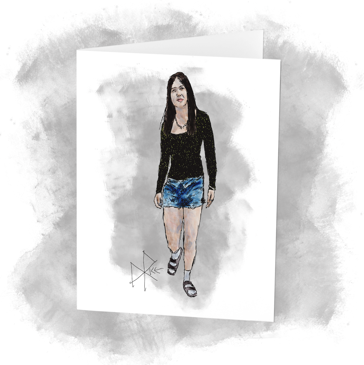 A young woman walking through a park while wearing cut-off jean shorts and a black shirt studded with green sequins. Sketch art by Don Rice. A young woman walking through a park while wearing cut-off jean shorts and a black shirt studded with green sequins. Sketch art by Don Rice.