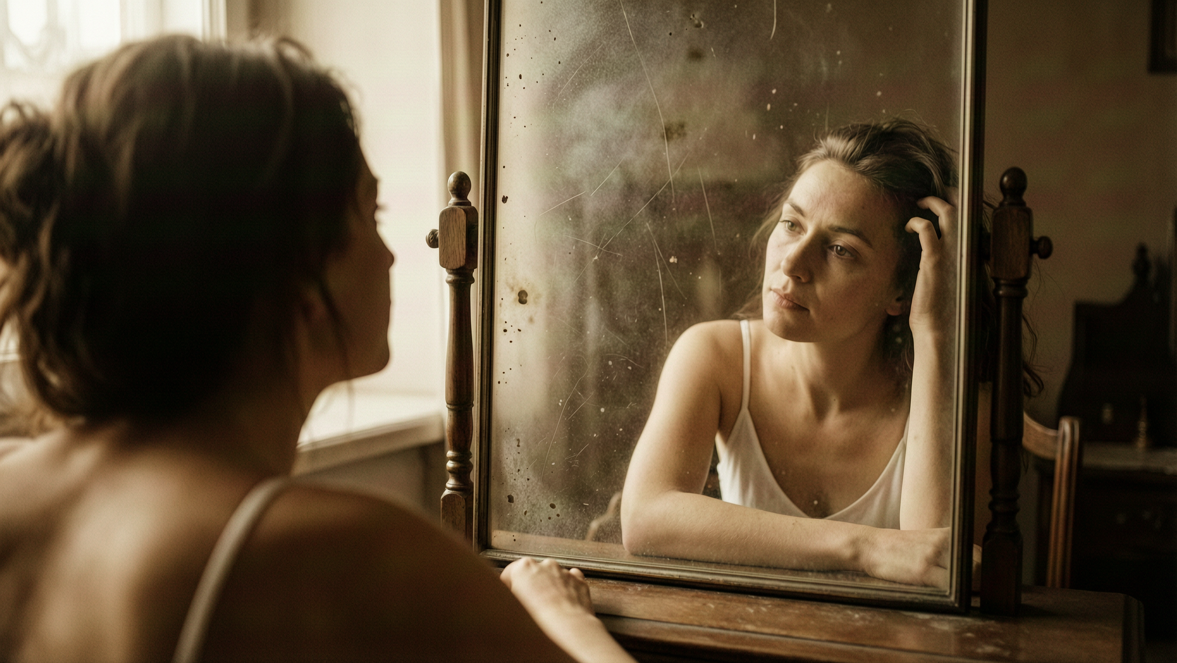 A woman sits at a worn wooden vanity mirror, seen from behind and out of focus. Her reflection, sharp and lit by soft window light, looks back at her with one hand raised to her hair. The mirror's glass is aged, scratched and spotted with dust.
